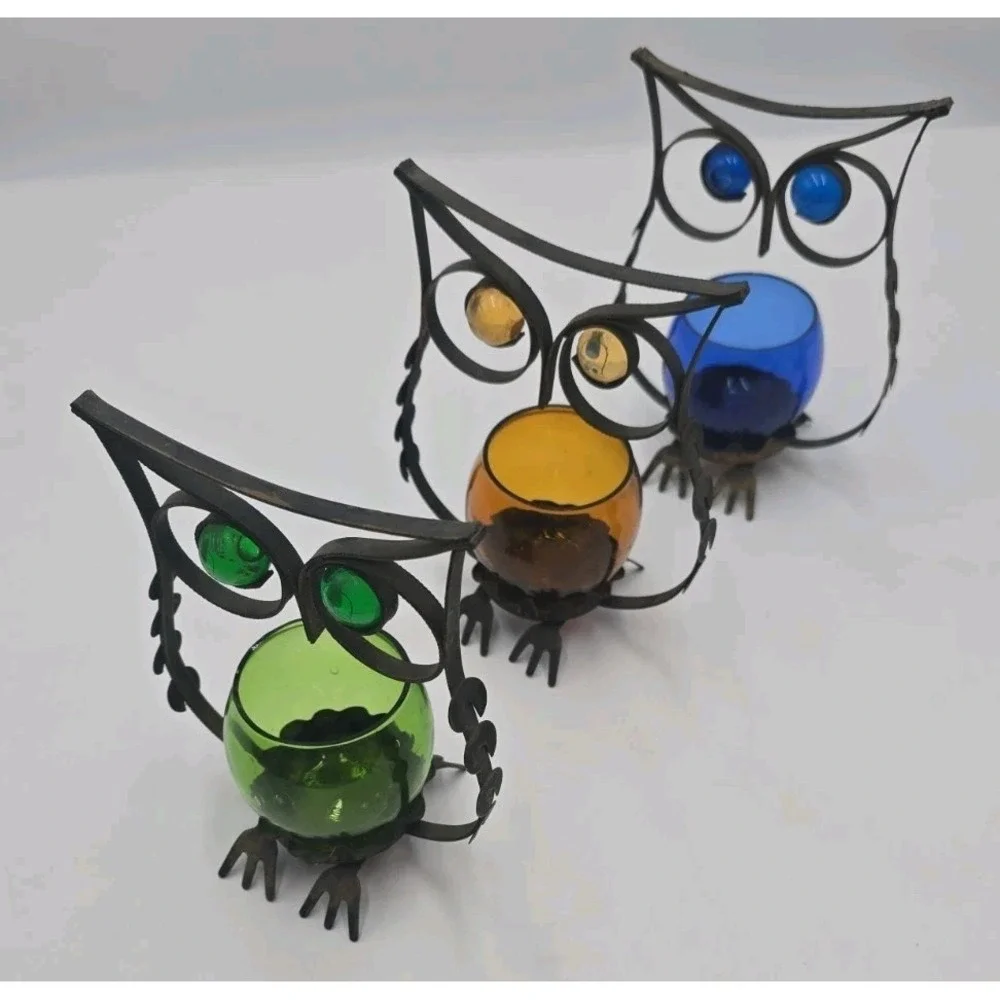 3 Metal Owl Tealight Votive Candle Holder w/Glass Candle Holder Farmhouse